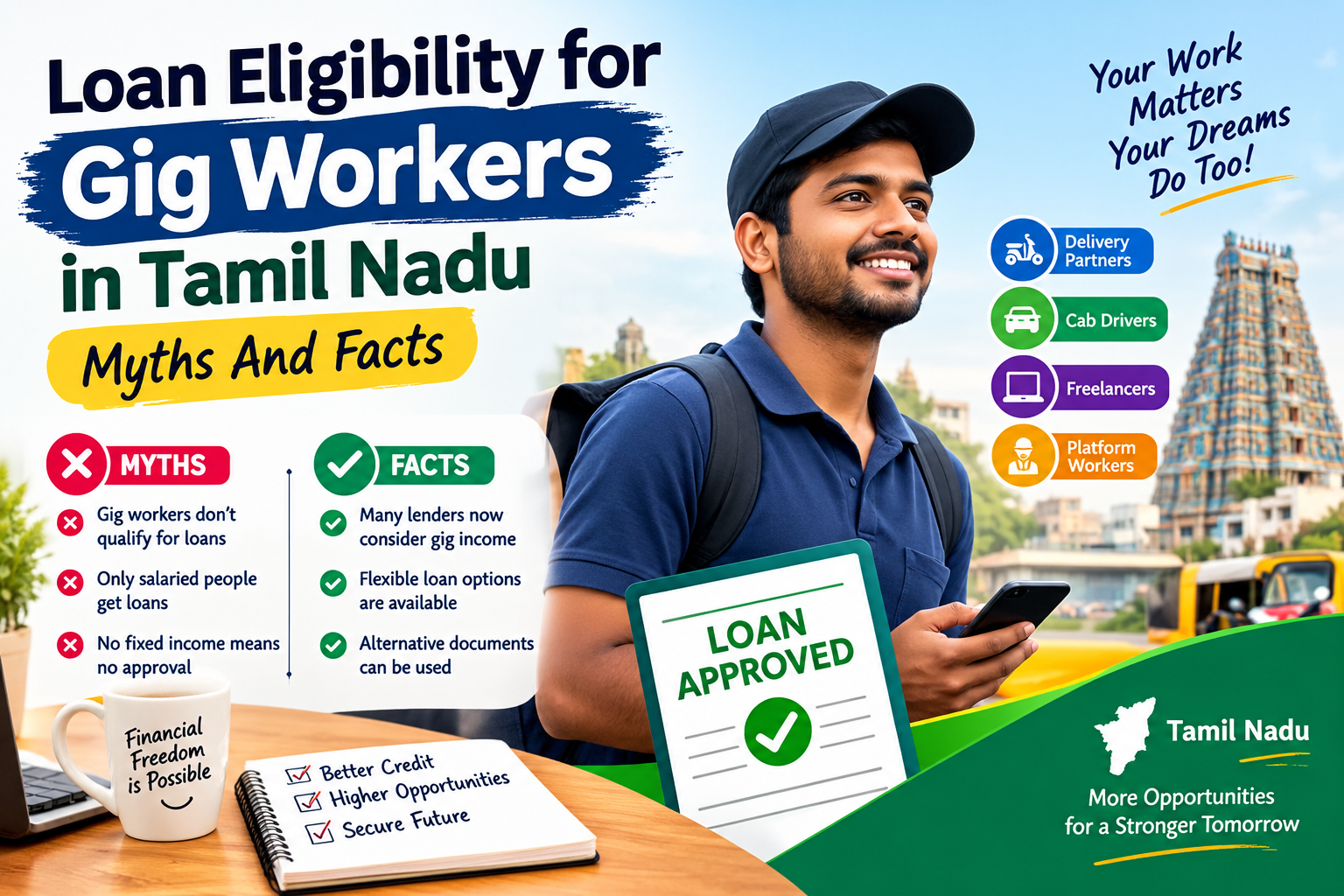 Loan eligibility for gig workers in Tamil Nadu — myths and facts about personal loans, income proof, credit scores, and loan approval for delivery partners, cab drivers, and freelancers.